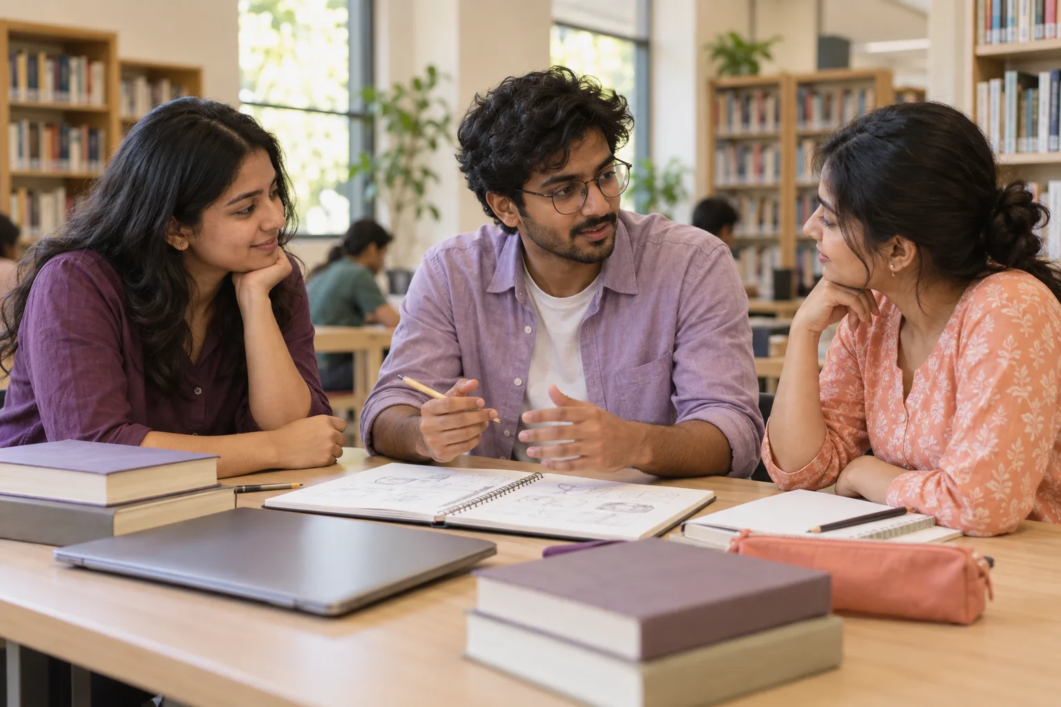 Three adult students discussing study notes and career ideas in a library